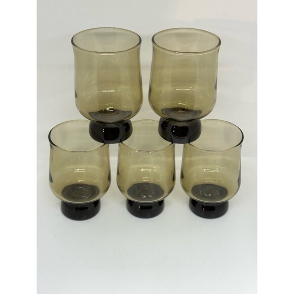 VTG Anchor Hocking Libbey Tawny Smokey Brown Glasses Set 5 Mid-Century USA 4.5" - Picture 7 of 9